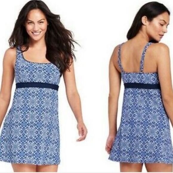 Land’s End dresskini swim dress blue and white - Picture 1 of 10